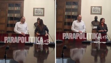 Γεραπετρίτης: “Γλυκιά” εισβολή στην ενημέρωση συντακτών του ΥΠΕΞ – Μοίρασε σοκολατάκια για τη γιορτή